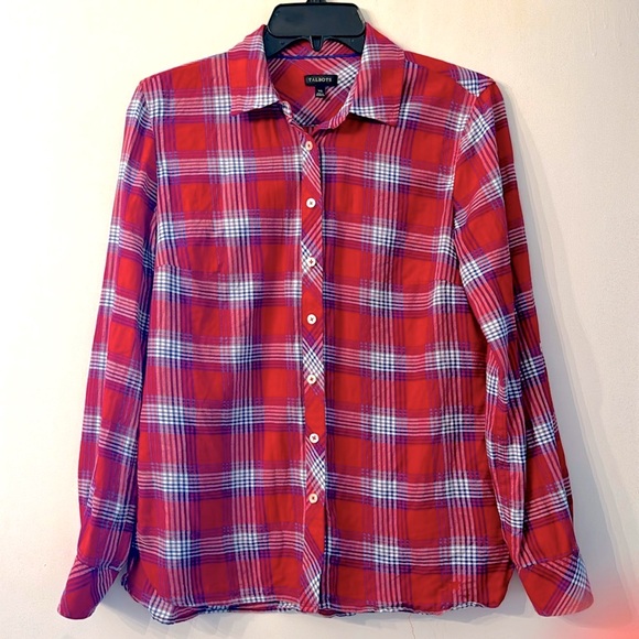 Talbots XS Button Down Collared Long Long Sleeve Red/Blue/White Plaid Shirt - Picture 1 of 6